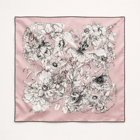 100% Silk Hand Made Scarf 90x90 cm – Baby Pink Blue Floral Square
