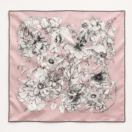 100% Silk Hand Made Scarf 90x90 cm – Baby Pink Blue Floral Square