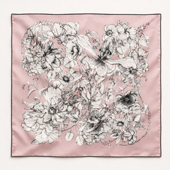 100% Silk Hand Made Scarf 90x90 cm – Baby Pink Blue Floral Square
