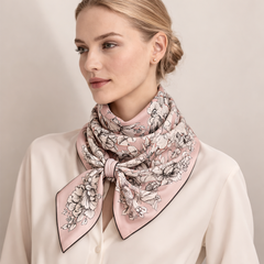 100% Silk Hand Made Scarf 90x90 cm – Baby Pink Blue Floral Square