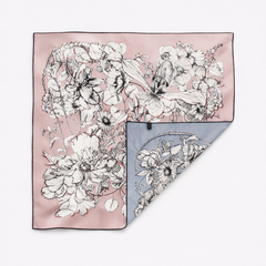 100% Silk Hand Made Scarf 90x90 cm – Baby Pink Blue Floral Square
