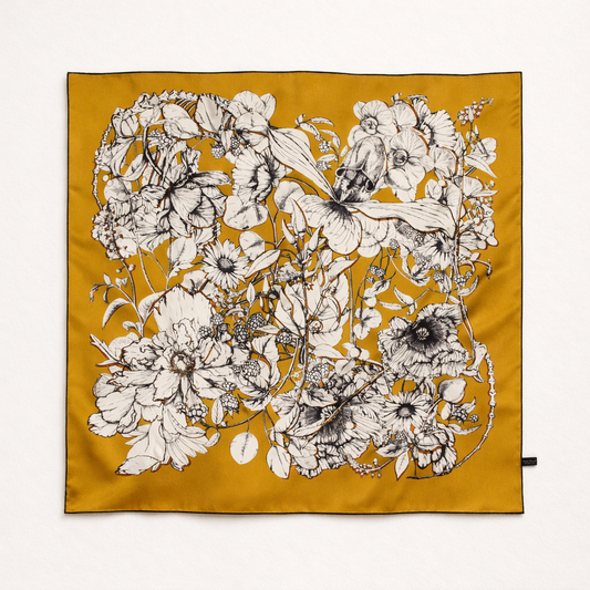 100% Silk Hand Made Scarf 90x90 cm – Navy Yellow Floral Square