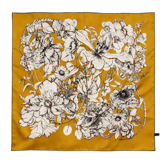 100% Silk Hand Made Scarf 90x90 cm – Navy Yellow Floral Square