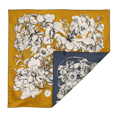 100% Silk Hand Made Scarf 90x90 cm – Navy Yellow Floral Square