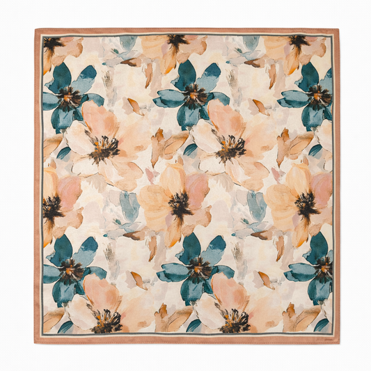 100% Silk Square Scarf 54x54 cm - Beige & Green Art Floral