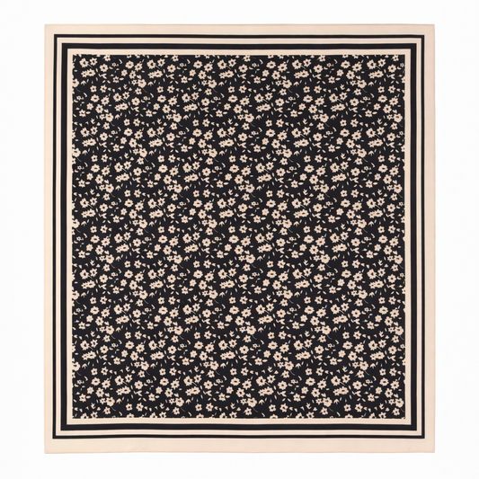 100% Silk Square Scarf 54x54 cm - Black & White Flowers