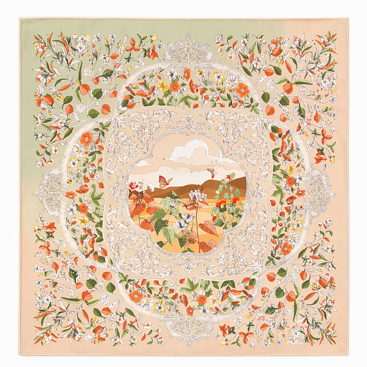 100% Silk Twill Hand-Made Scarf – Garden Landscape 90x90cm