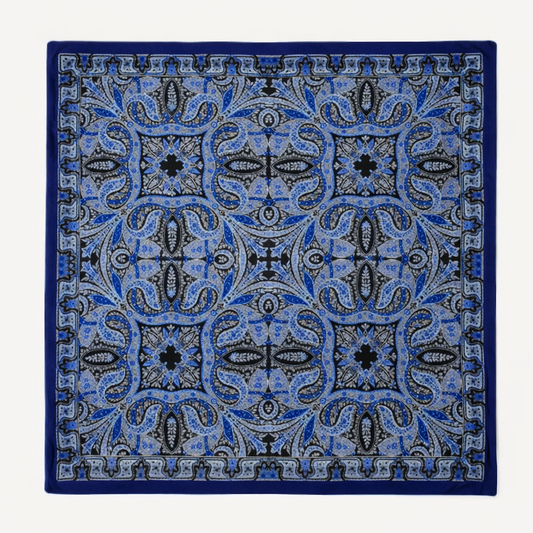 100% Silk Twill Hand-Made Scarf – Royal Blue Ornate 90x90cm