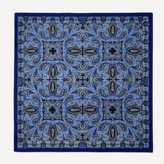 100% Silk Twill Hand-Made Scarf – Royal Blue Ornate 90x90cm