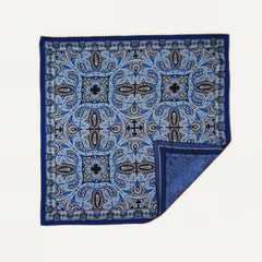 100% Silk Twill Hand-Made Scarf – Royal Blue Ornate 90x90cm
