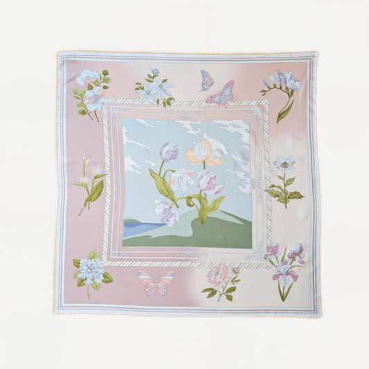 100% Silk Twill Hand-Made Scarf – Spring Garden Tulip 90x90cm