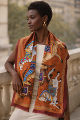 LaRana Ornate Horse Motif Cashmere Shawl – 100% Cashmere Long Scarf 190×90cm