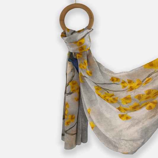 Gold Floral Scarf / 100% Silk / 180x110cm