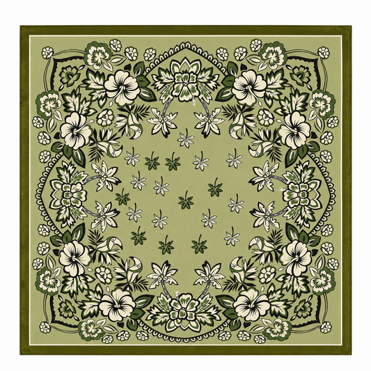 100% Silk Square Scarf 54x54 cm - Green White Flowers