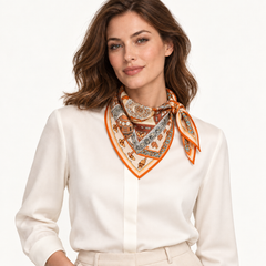 Foulard carré 100 % soie 54x54 cm - motif floral crème et orange