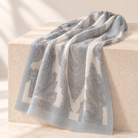 Aurelia Featherlight Cashmere Stole – Mist Blue Paisley