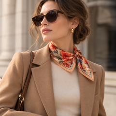 Foulard carré 100 % soie 54x54 cm - motif floral crème et orange