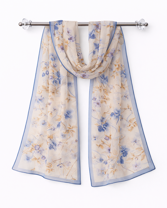 100% Silk Chiffon Long Scarf – Lightweight Floral Wrap 160×40cm