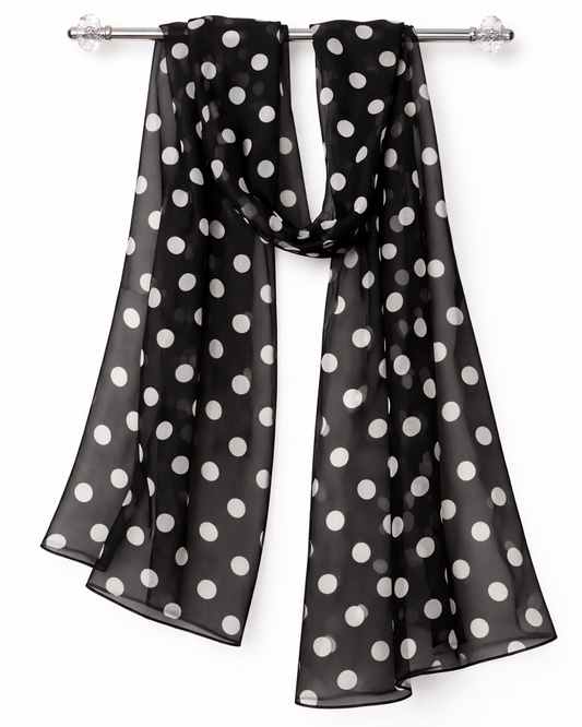 100% Silk Chiffon Long Scarf – Polka Dot Elegant Wrap 160×40cm