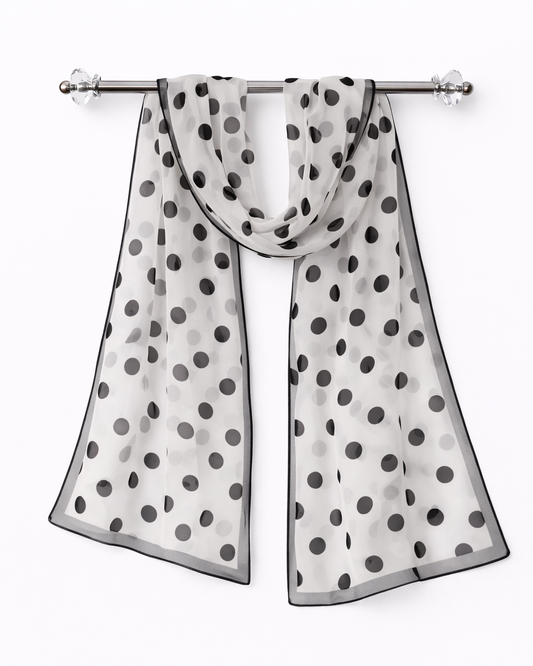 100% Silk Chiffon Long Scarf – Polka Dot Elegant Wrap 160×40cm