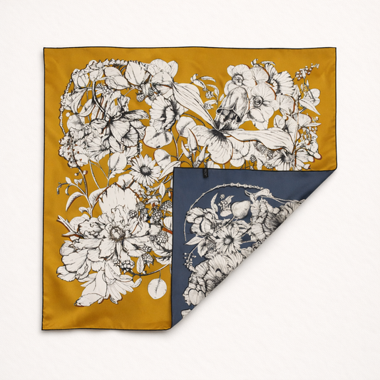 100% Silk Hand Made Scarf 90x90 cm – Navy Yellow Floral Square