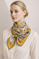 100% Silk Hand Made Scarf 90x90 cm – Navy Yellow Floral Square