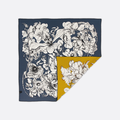 100% Silk Hand Made Scarf 90x90 cm – Navy Yellow Floral Square