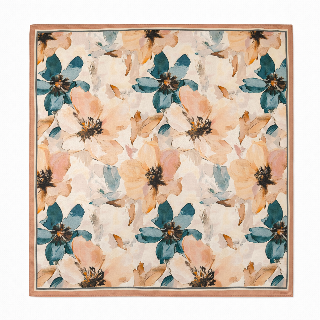 100% Silk Square Scarf 54x54 cm - Beige & Green Art Floral
