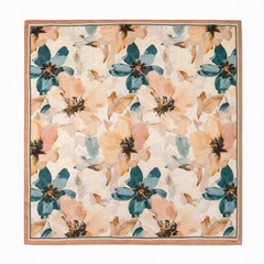 100% Silk Square Scarf 54x54 cm - Beige & Green Art Floral