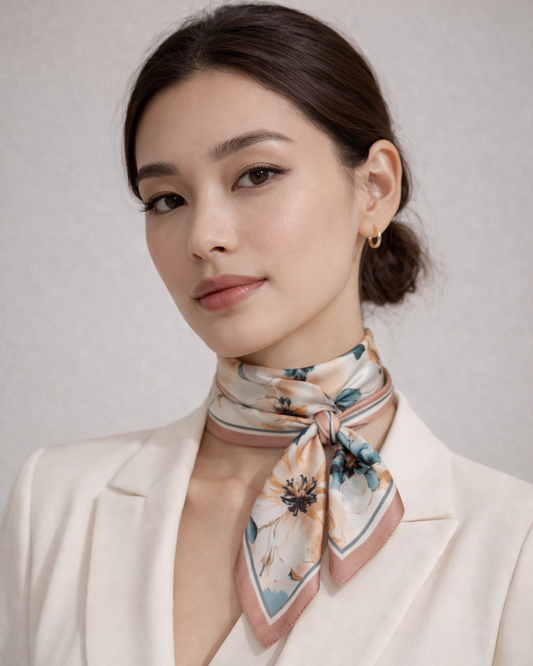 100% Silk Square Scarf 54x54 cm - Beige & Green Art Floral