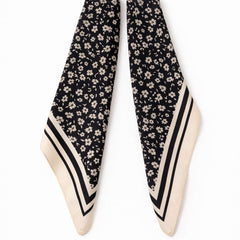 100% Silk Square Scarf 54x54 cm - Black & White Flowers