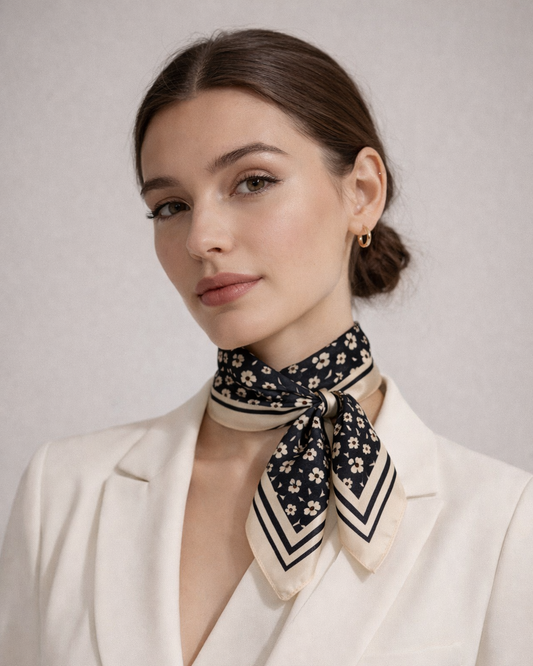 100% Silk Square Scarf 54x54 cm - Black & White Flowers