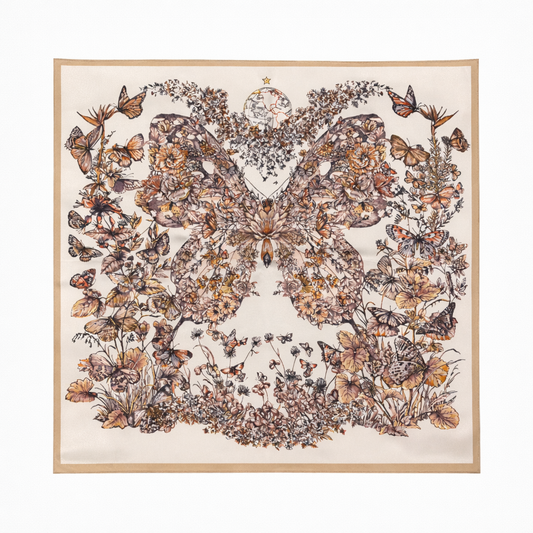 100% Silk Square Scarf 54x54 cm - Cream & Brown Butterfly