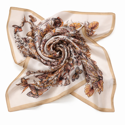 100% Silk Square Scarf 54x54 cm - Cream & Brown Butterfly