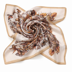 100% Silk Square Scarf 54x54 cm - Cream & Brown Butterfly