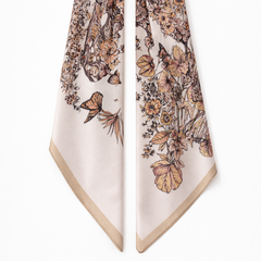 100% Silk Square Scarf 54x54 cm - Cream & Brown Butterfly