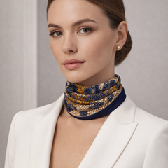 100% Silk Square Scarf 54x54 cm - Navy & Gold Printed