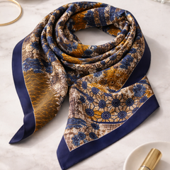 100% Silk Square Scarf 54x54 cm - Navy & Gold Printed