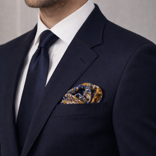 100% Silk Square Scarf 54x54 cm - Navy & Gold Printed