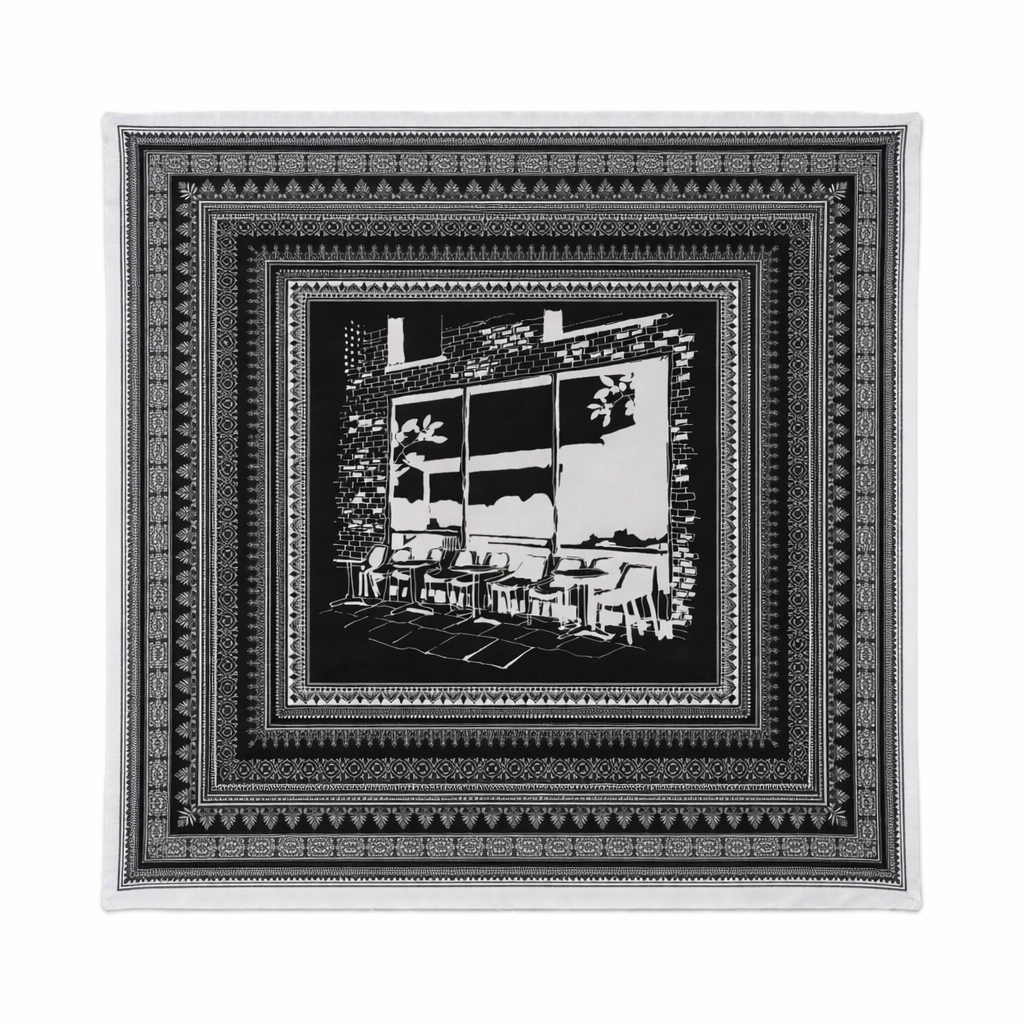 100% Silk Twill Hand-Made Scarf – Black & White Cafe Sketch 90x90cm