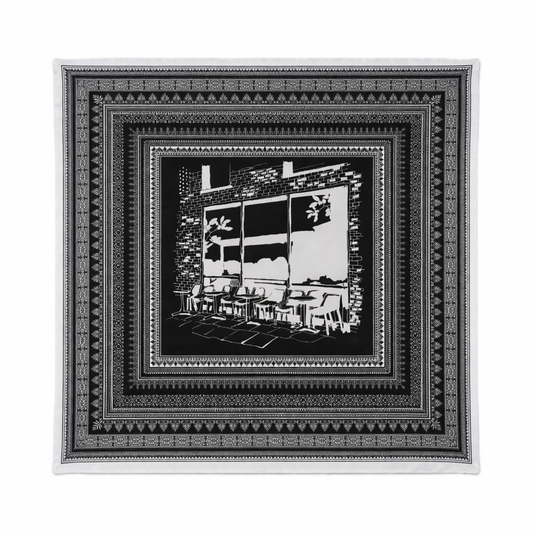 100% Silk Twill Hand-Made Scarf – Black & White Cafe Sketch 90x90cm