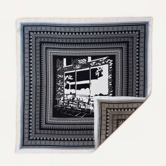 100% Silk Twill Hand-Made Scarf – Black & White Cafe Sketch 90x90cm