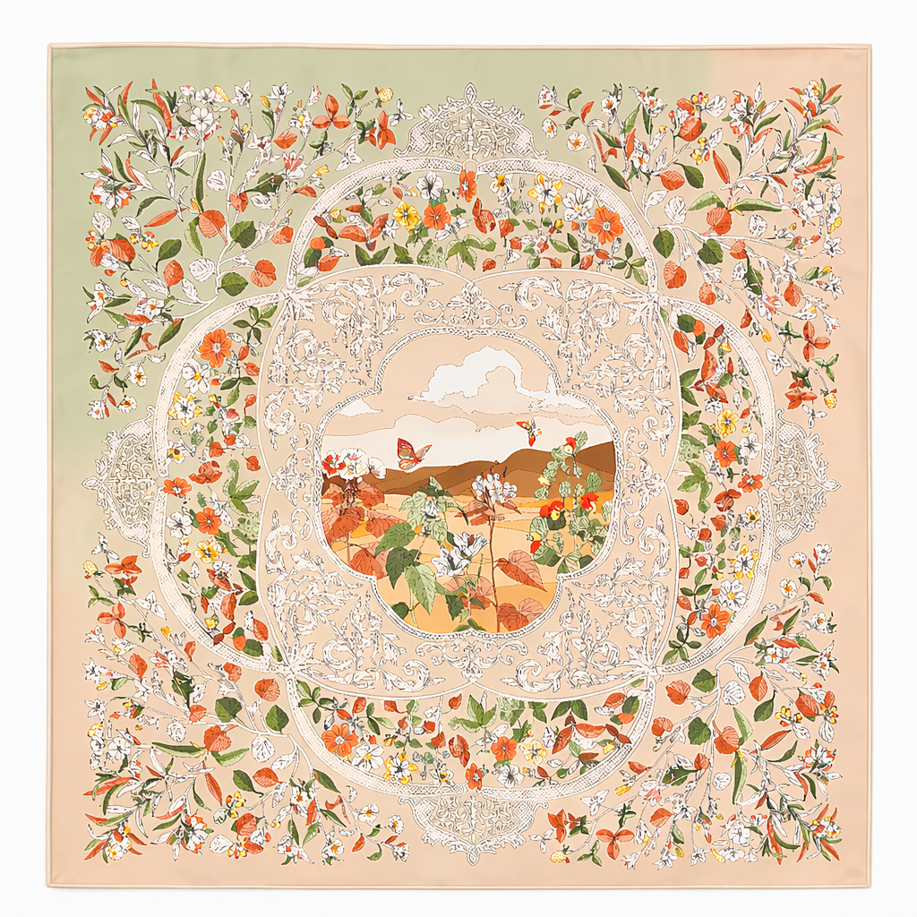 100% Silk Twill Hand-Made Scarf – Garden Landscape 90x90cm
