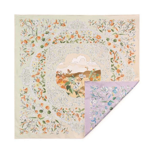 100% Silk Twill Hand-Made Scarf – Garden Landscape 90x90cm