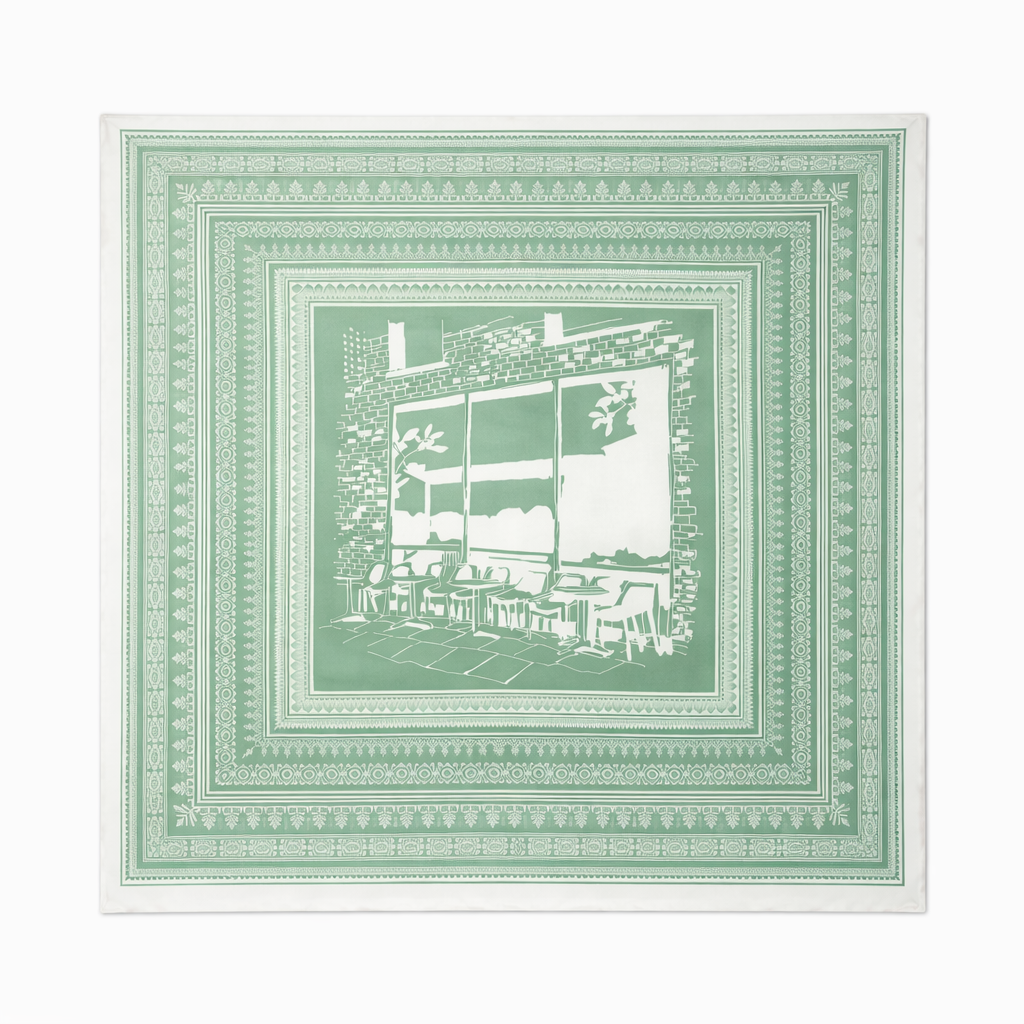 100% Silk Twill Hand-Made Scarf – Terracotta Cafe Print 90x90cm