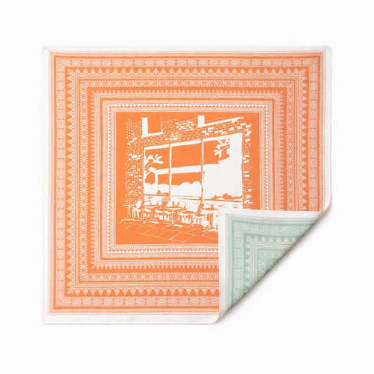 100% Silk Twill Hand-Made Scarf – Terracotta Cafe Print 90x90cm