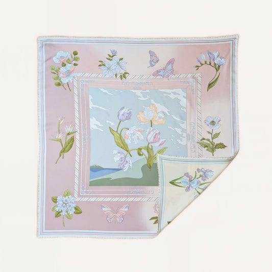 100% Silk Twill Hand-Made Scarf – Spring Garden Tulip 90x90cm