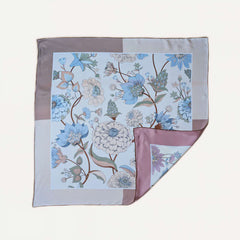 100% Silk Twill Hand-Made Scarf – Soft Blue Botanical 90x90cm