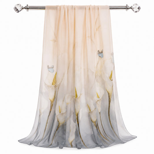 100% Silk Chiffon Long Scarf – Lightweight Twilley Butterfly Calla Lily 180×110cm