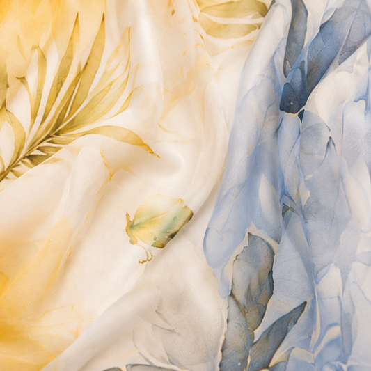 100% Silk Chiffon Long Scarf – Lightweight Twilley Blue Whisper Floral 180×110cm